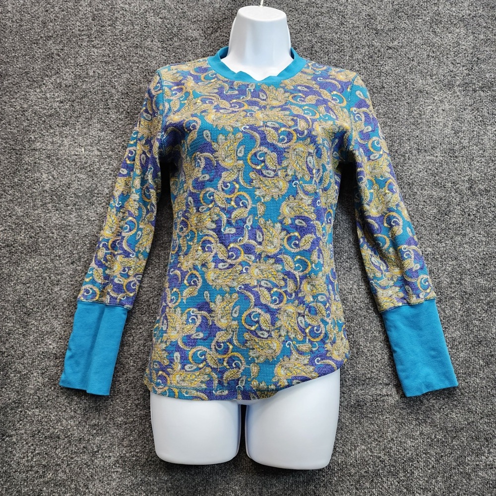 Sundance Roseanne Paisley Floral Waffle Knit Thermal Boho Long Sleeve Top Small